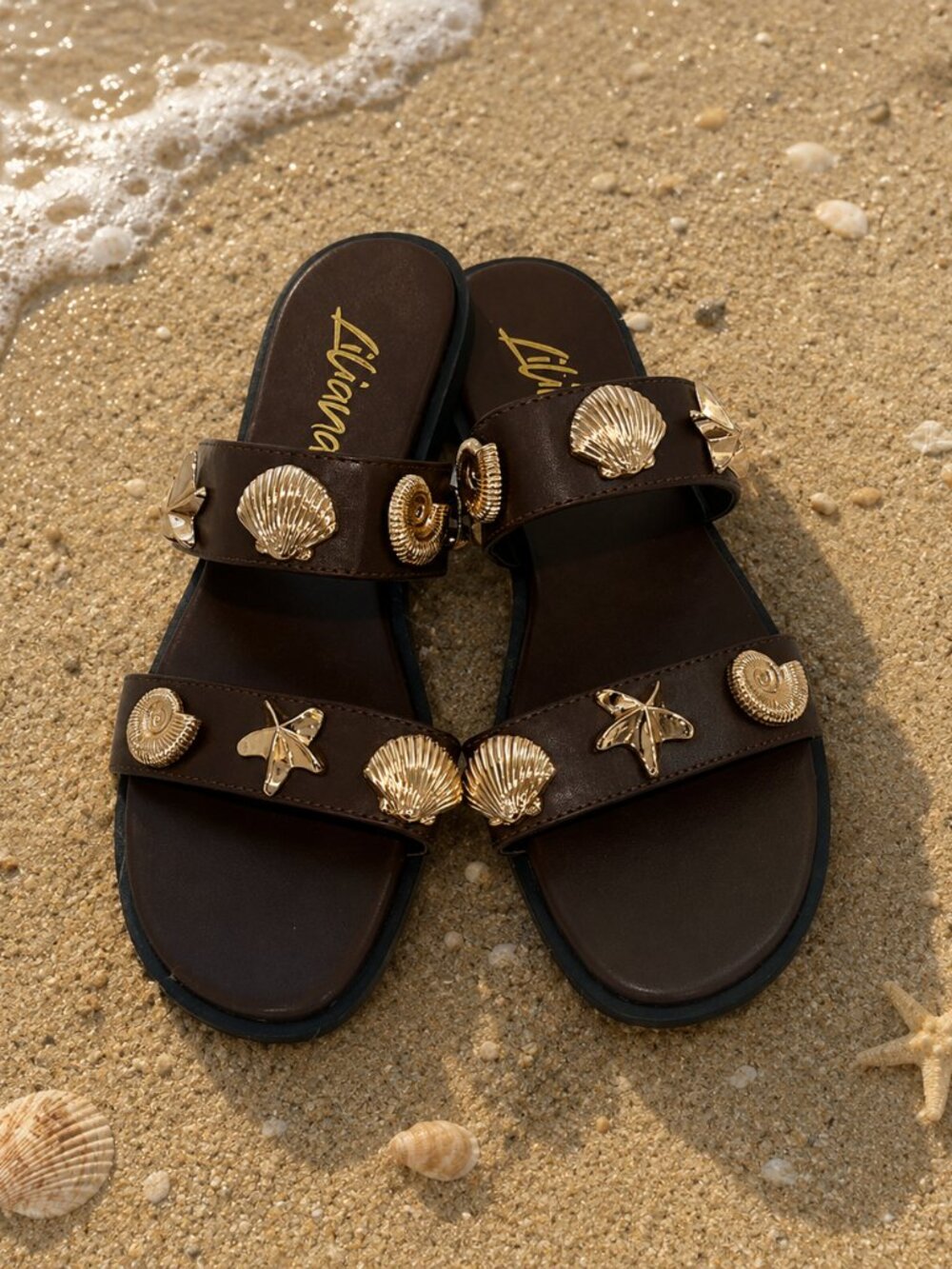 NEW Brown Slide Sandals with Gold Seashells